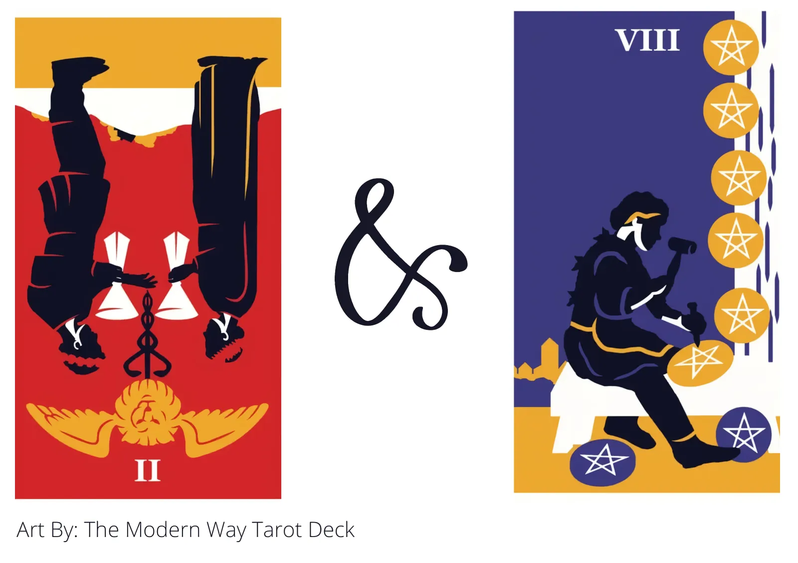 two of cups reversed and eight of pentacles tarot cards together