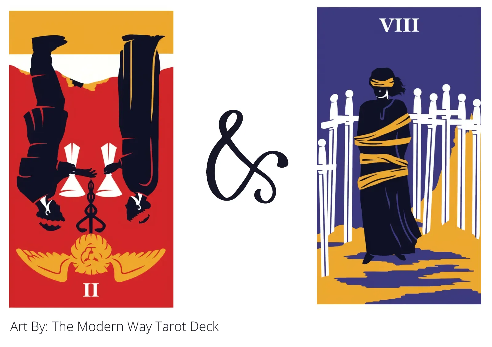 two of cups reversed and eight of swords tarot cards together