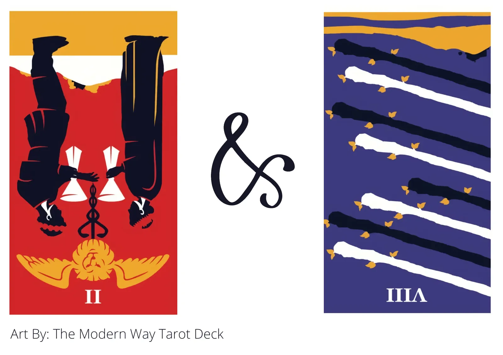 two of cups reversed and eight of wands reversed tarot cards together