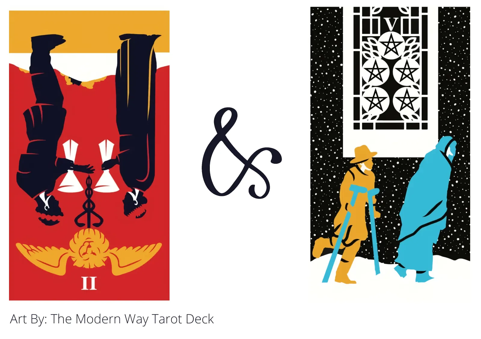 two of cups reversed and five of pentacles tarot cards together