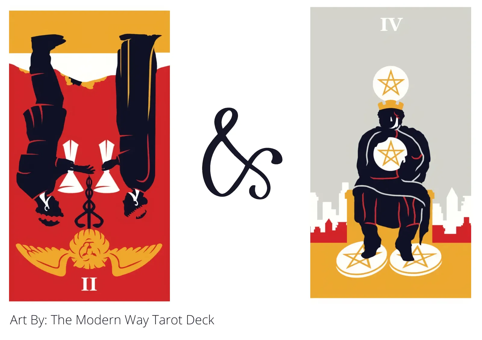 two of cups reversed and four of pentacles tarot cards together