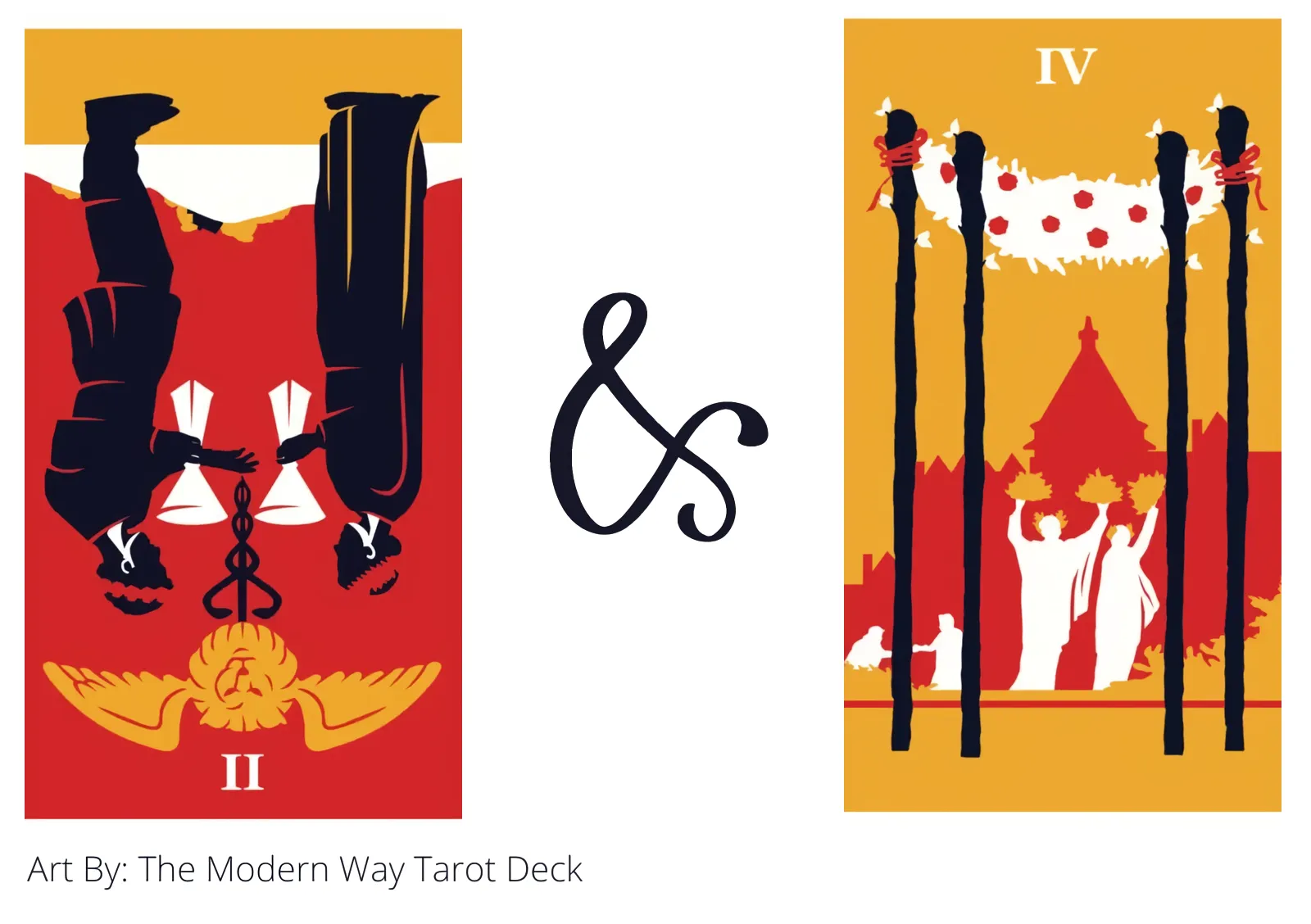 two of cups reversed and four of wands tarot cards together