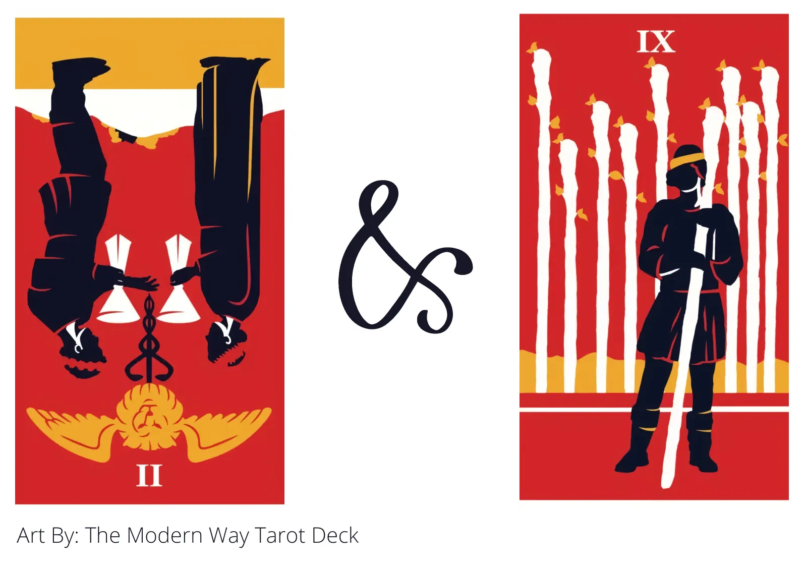 two of cups reversed and nine of wands tarot cards together