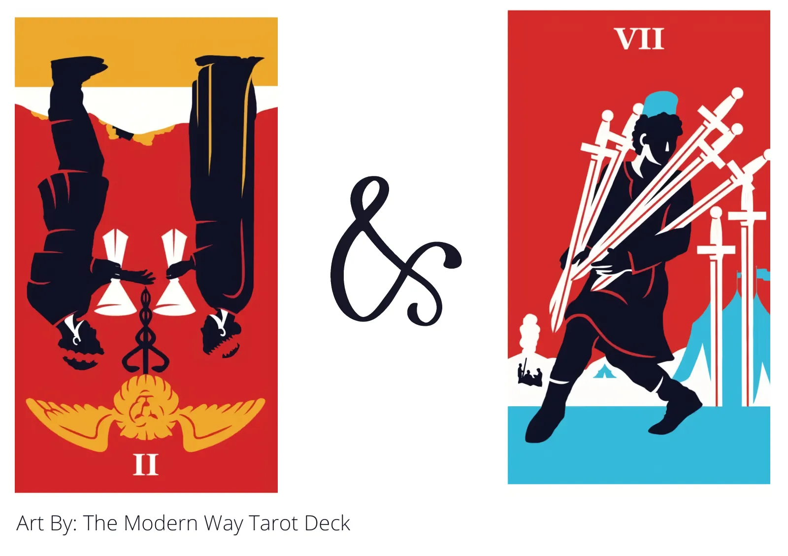 two of cups reversed and seven of swords tarot cards together