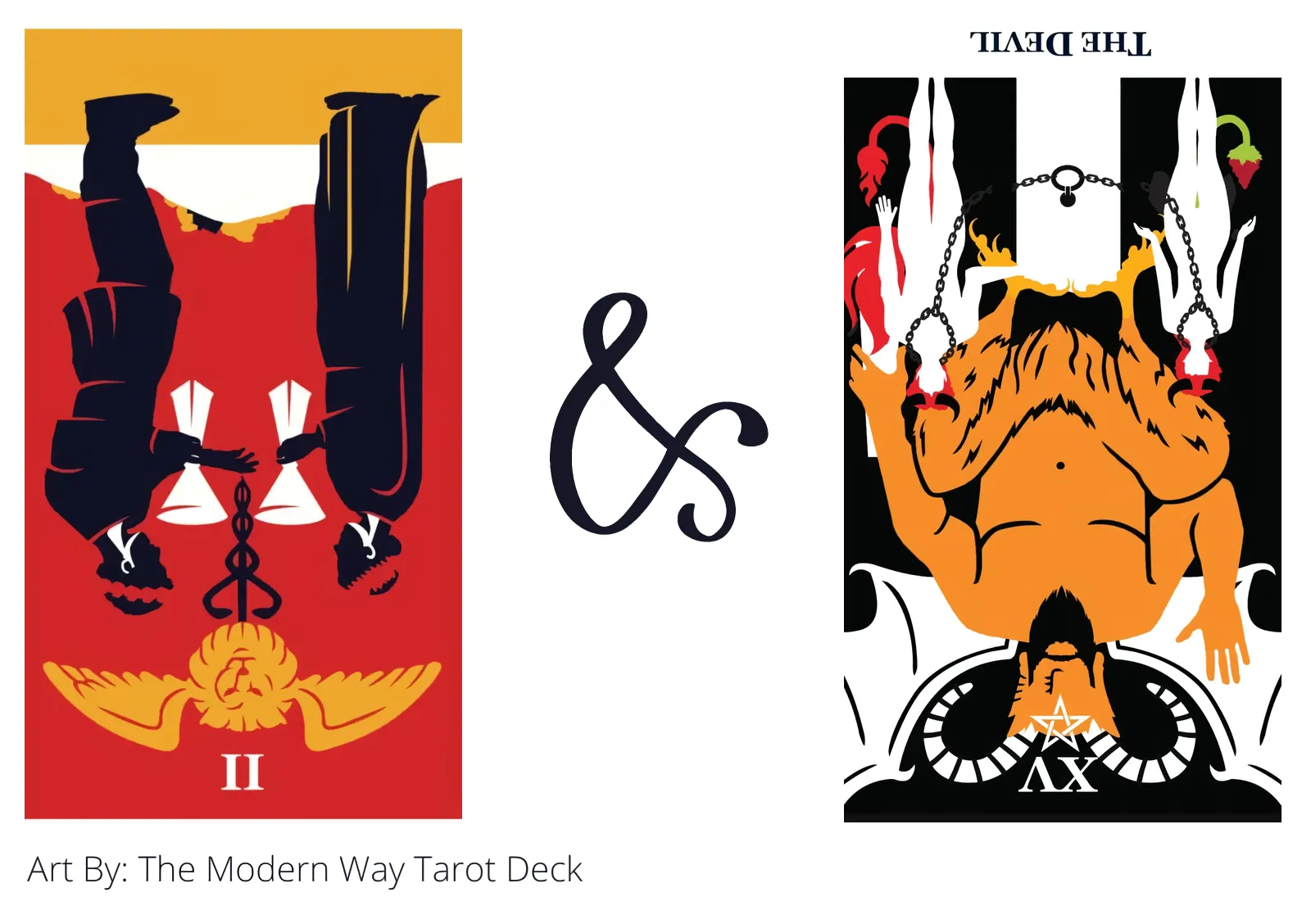two of cups reversed and the devil reversed tarot cards together