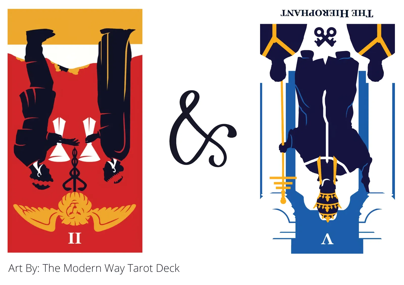 two of cups reversed and the hierophant reversed tarot cards together