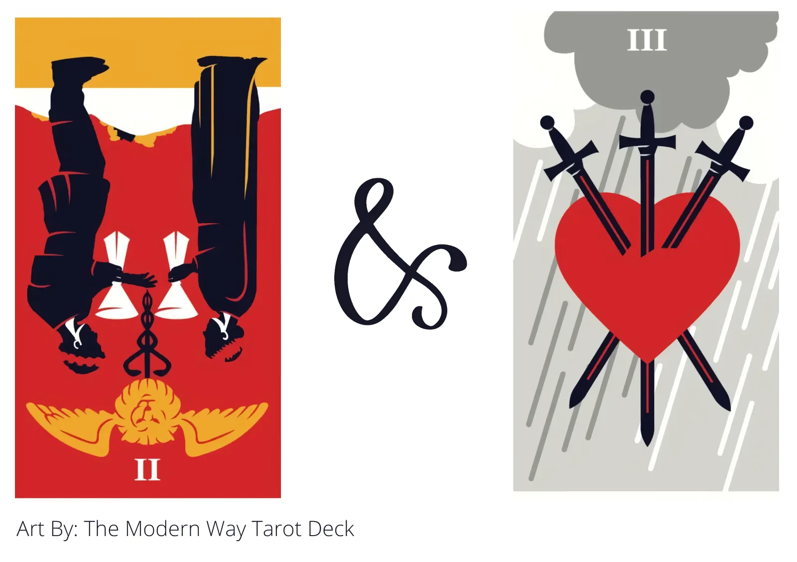 two of cups reversed and three of swords tarot cards together