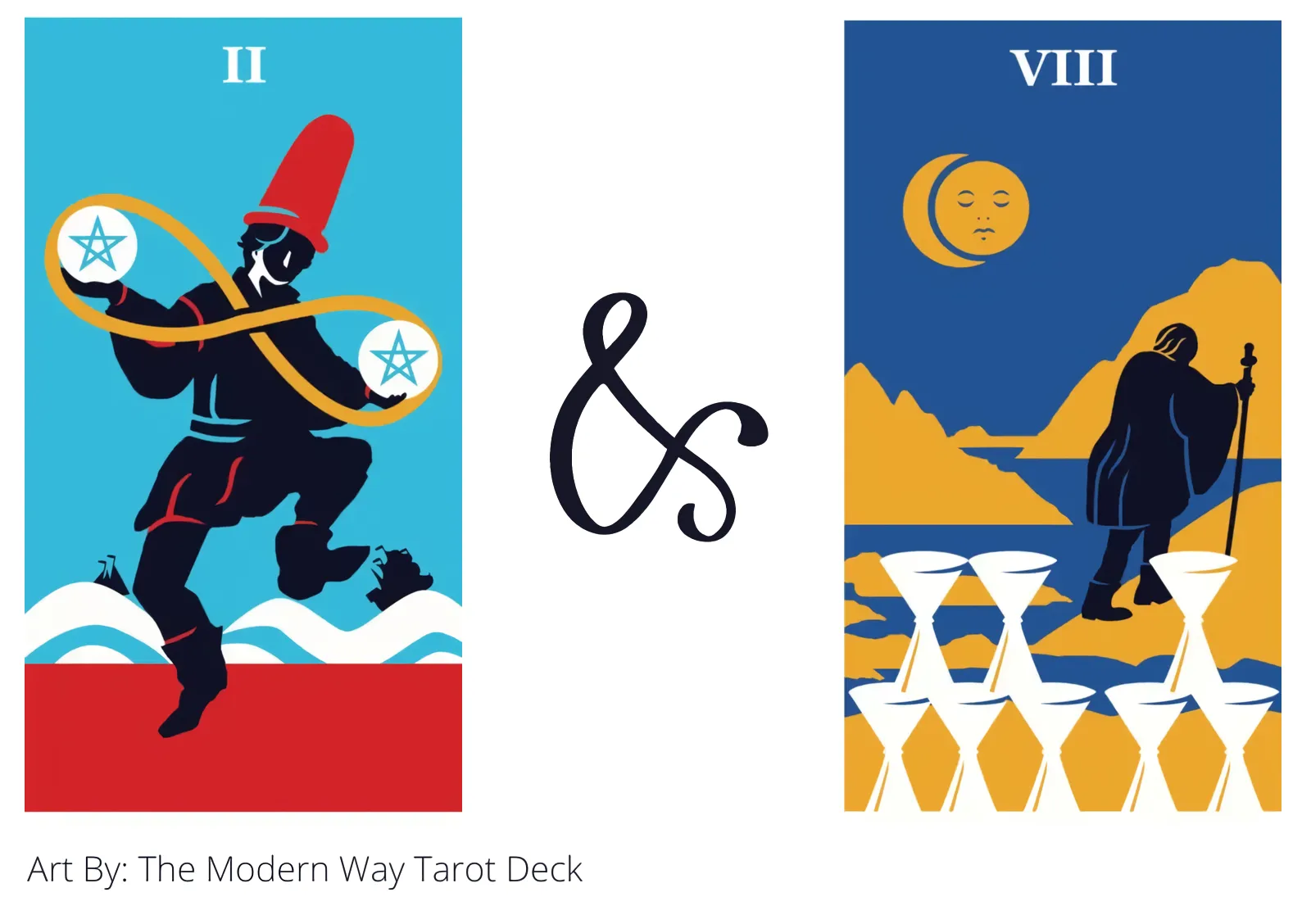 two of pentacles and eight of cups tarot cards together