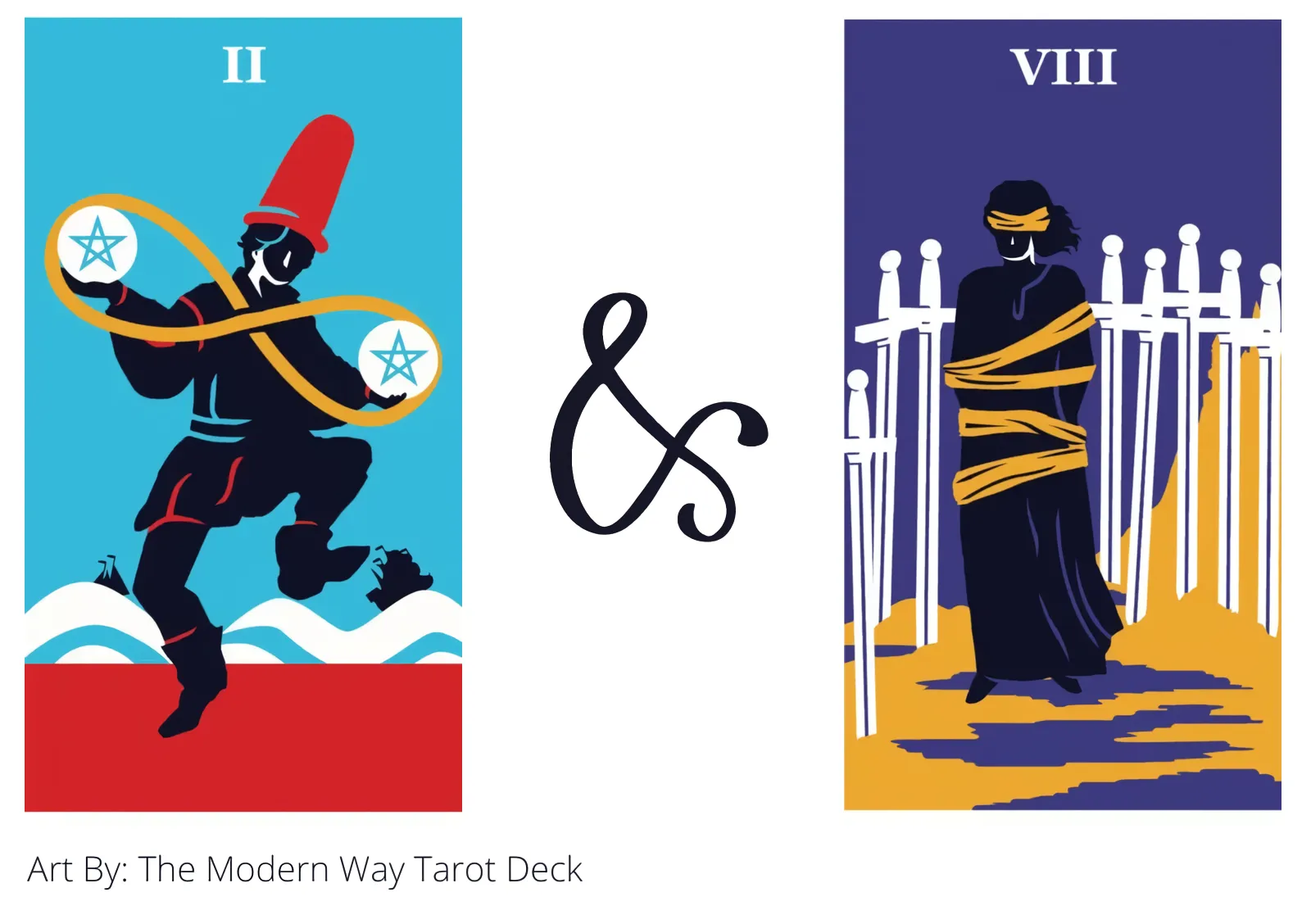 two of pentacles and eight of swords tarot cards together