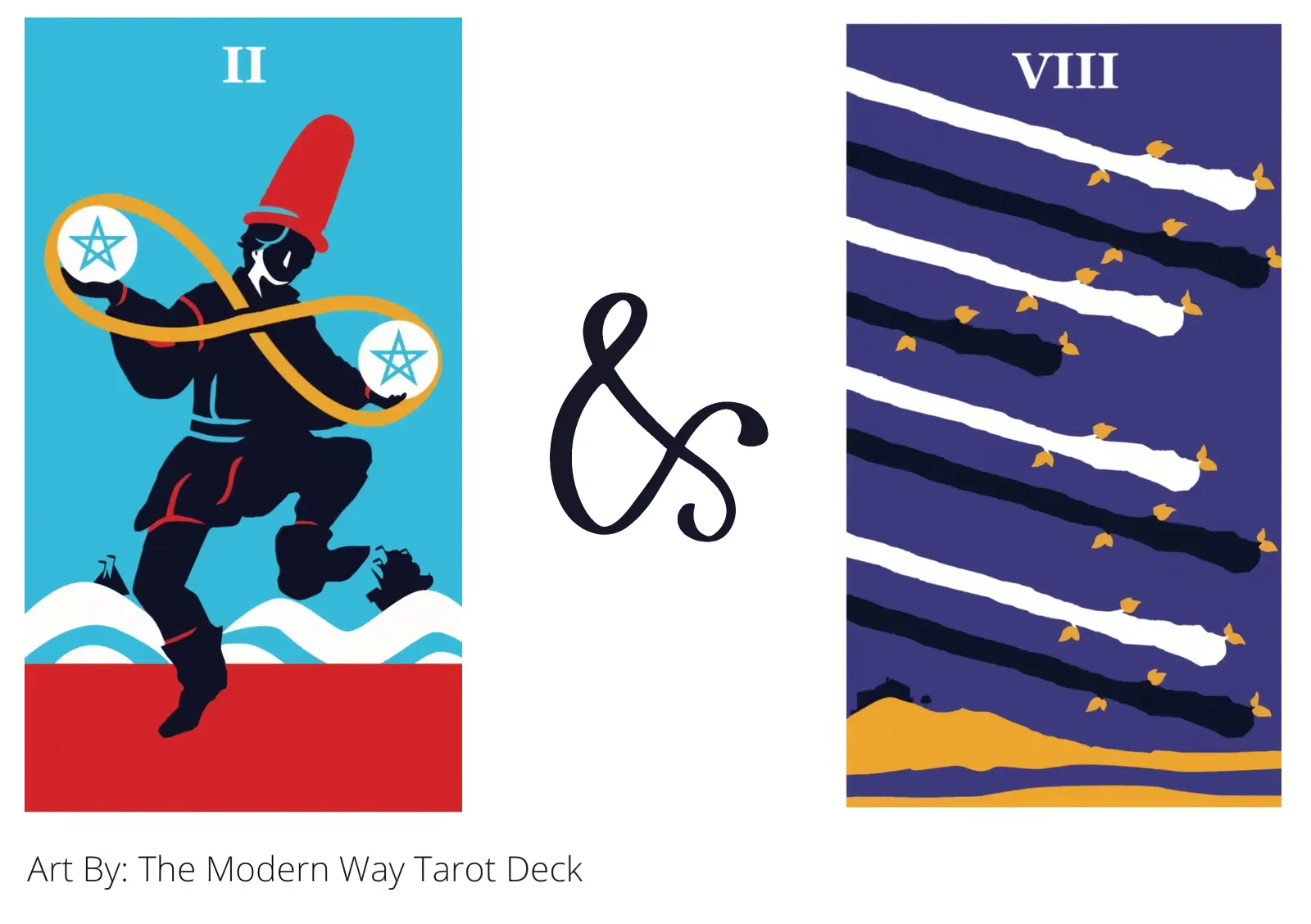 two of pentacles and eight of wands tarot cards together