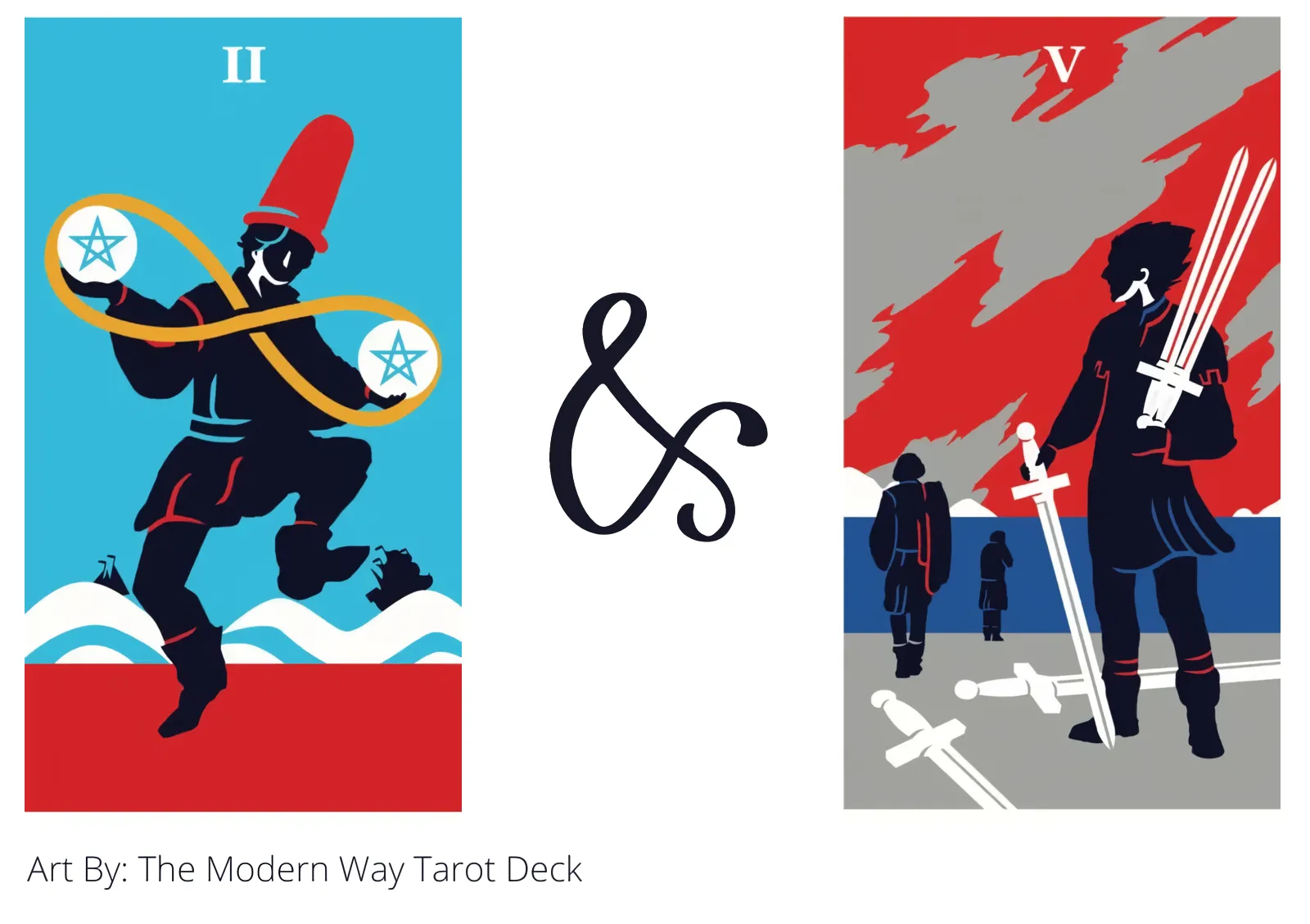two of pentacles and five of swords tarot cards together