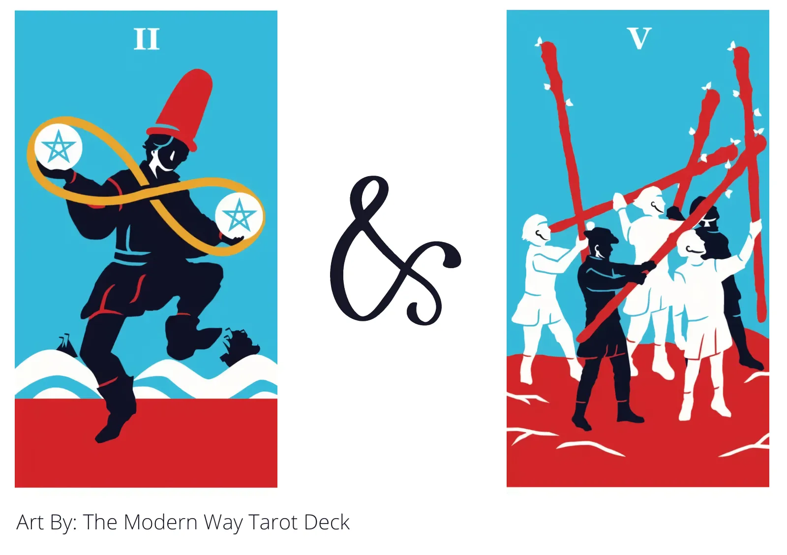 two of pentacles and five of wands tarot cards together