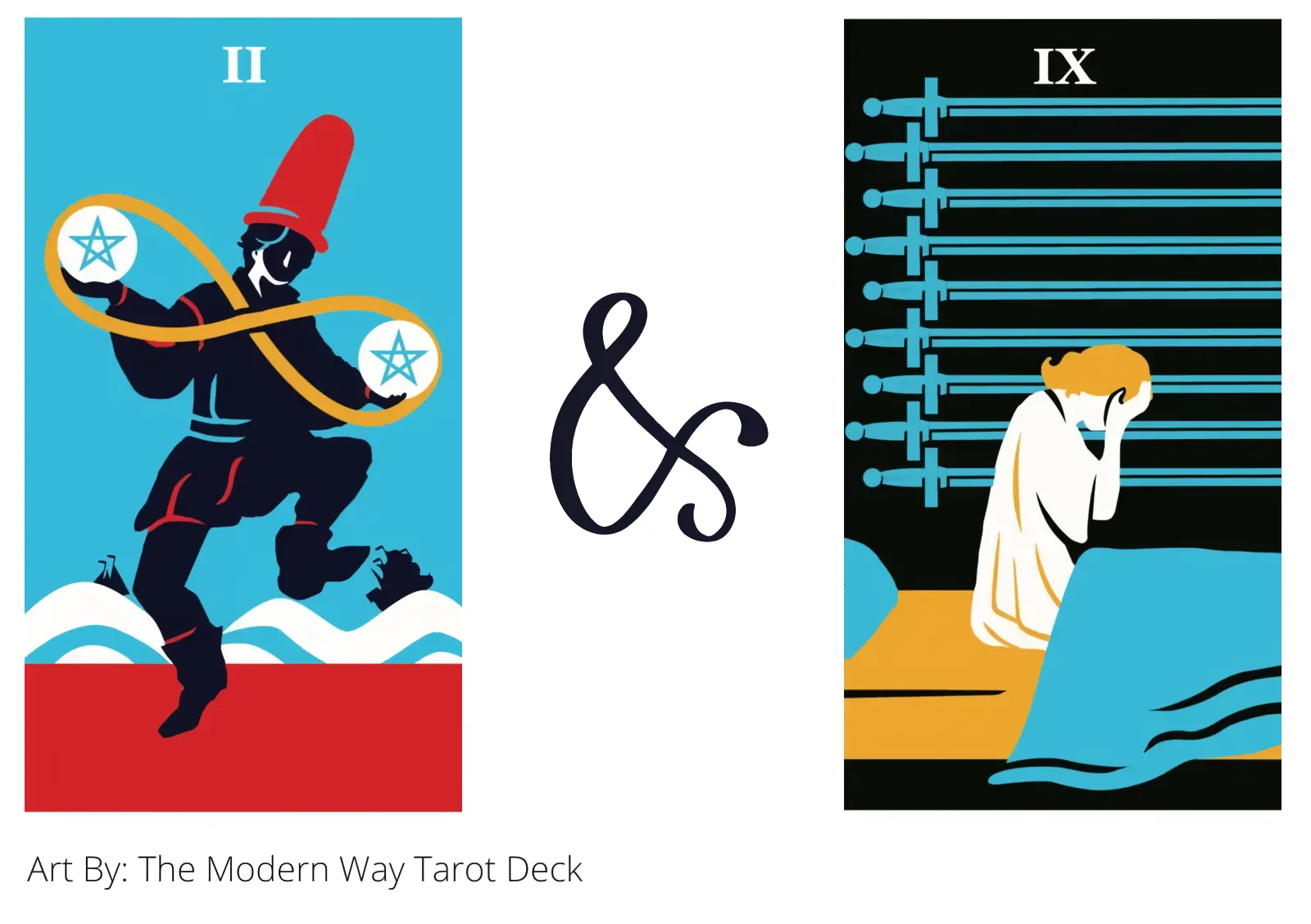 two of pentacles and nine of swords tarot cards together