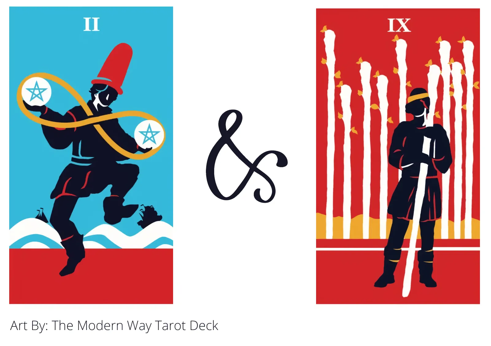 two of pentacles and nine of wands tarot cards together