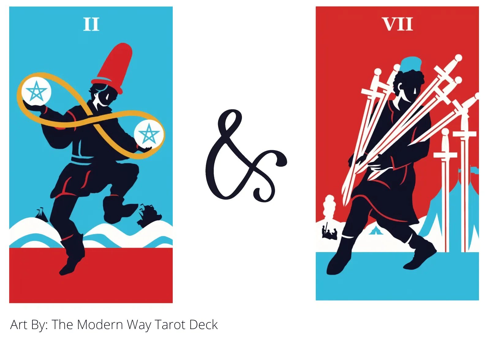 two of pentacles and seven of swords tarot cards together