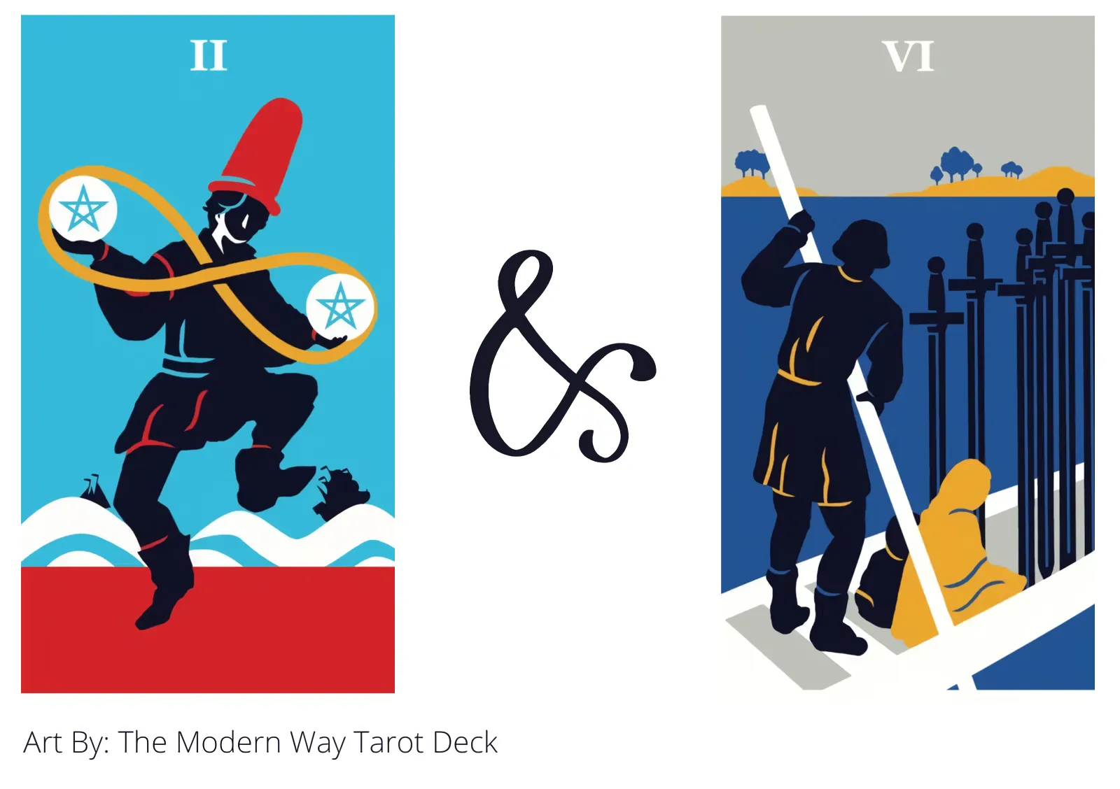 two of pentacles and six of swords tarot cards together