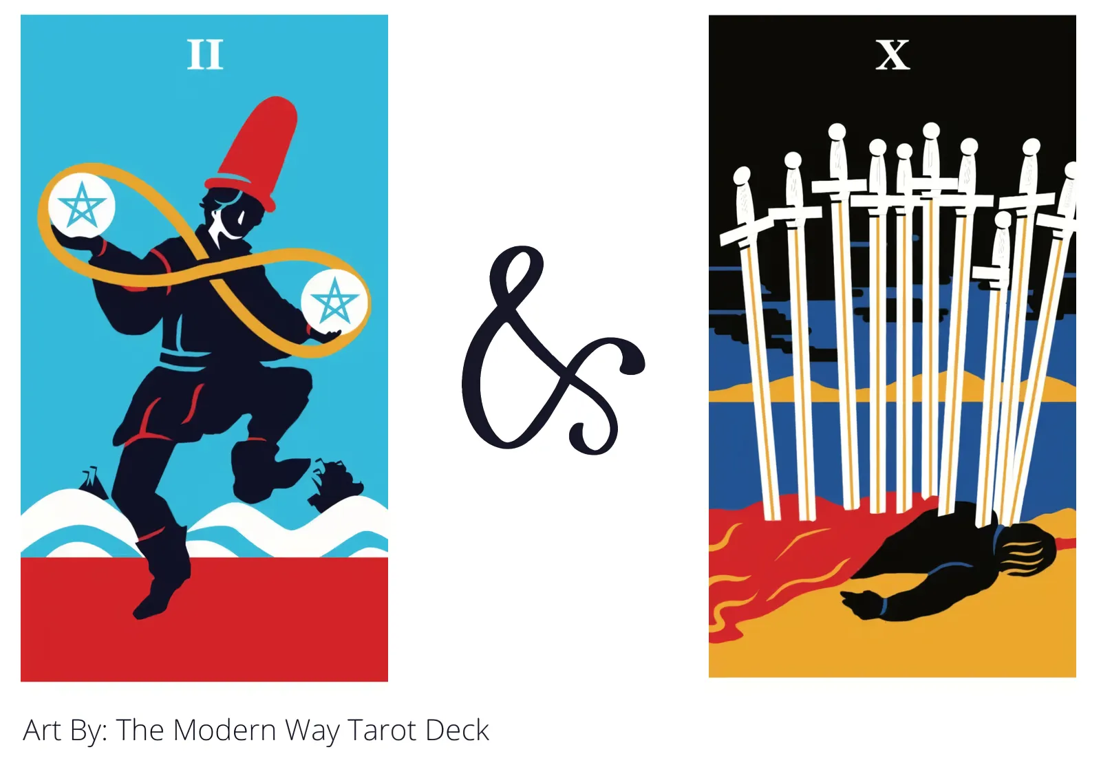two of pentacles and ten of swords tarot cards together