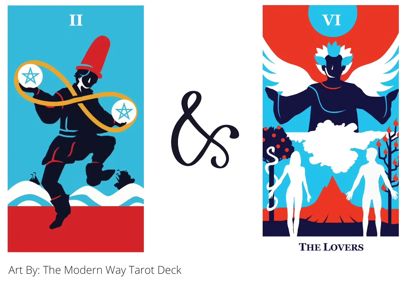 two of pentacles and the lovers tarot cards together