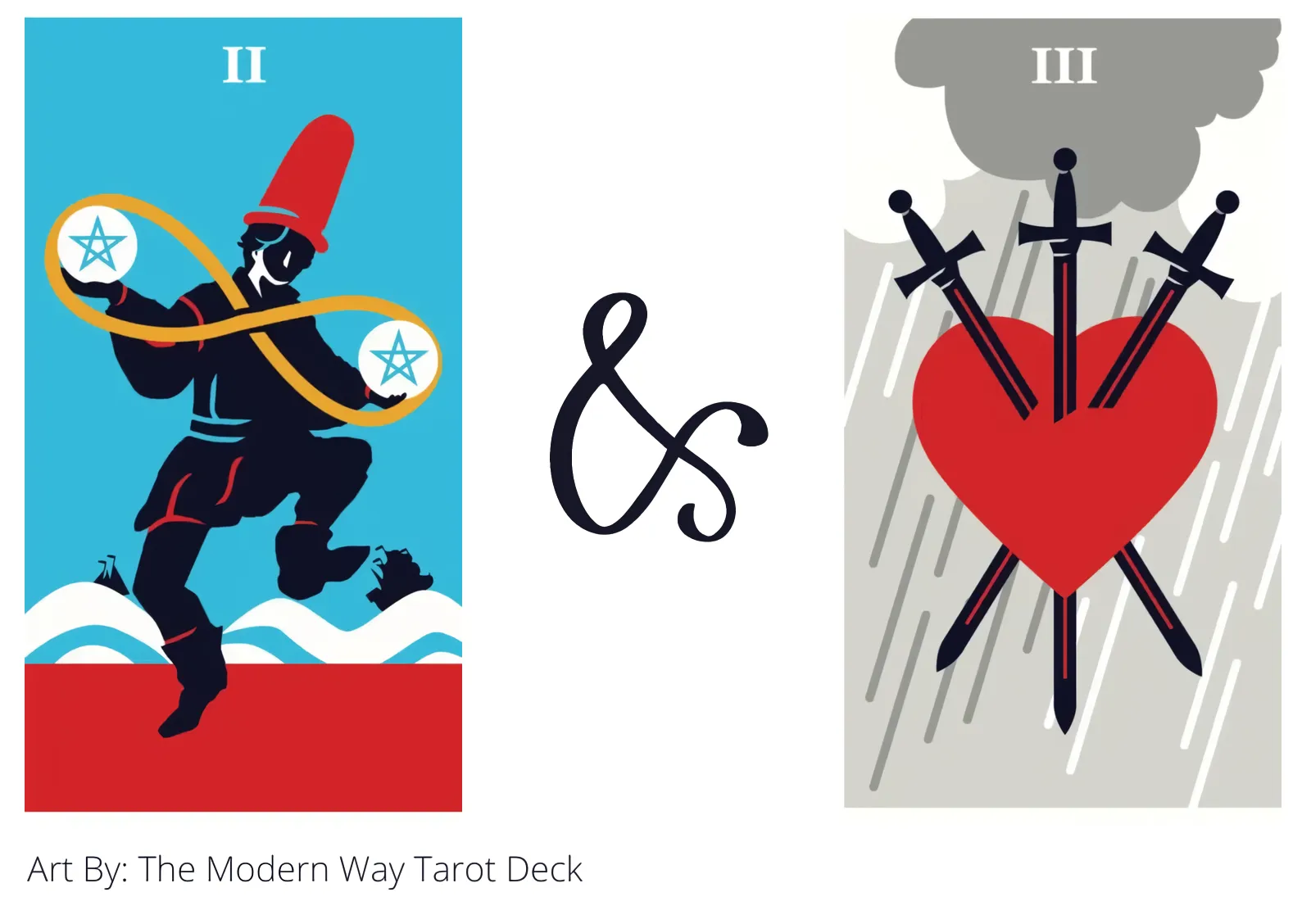 two of pentacles and three of swords tarot cards together