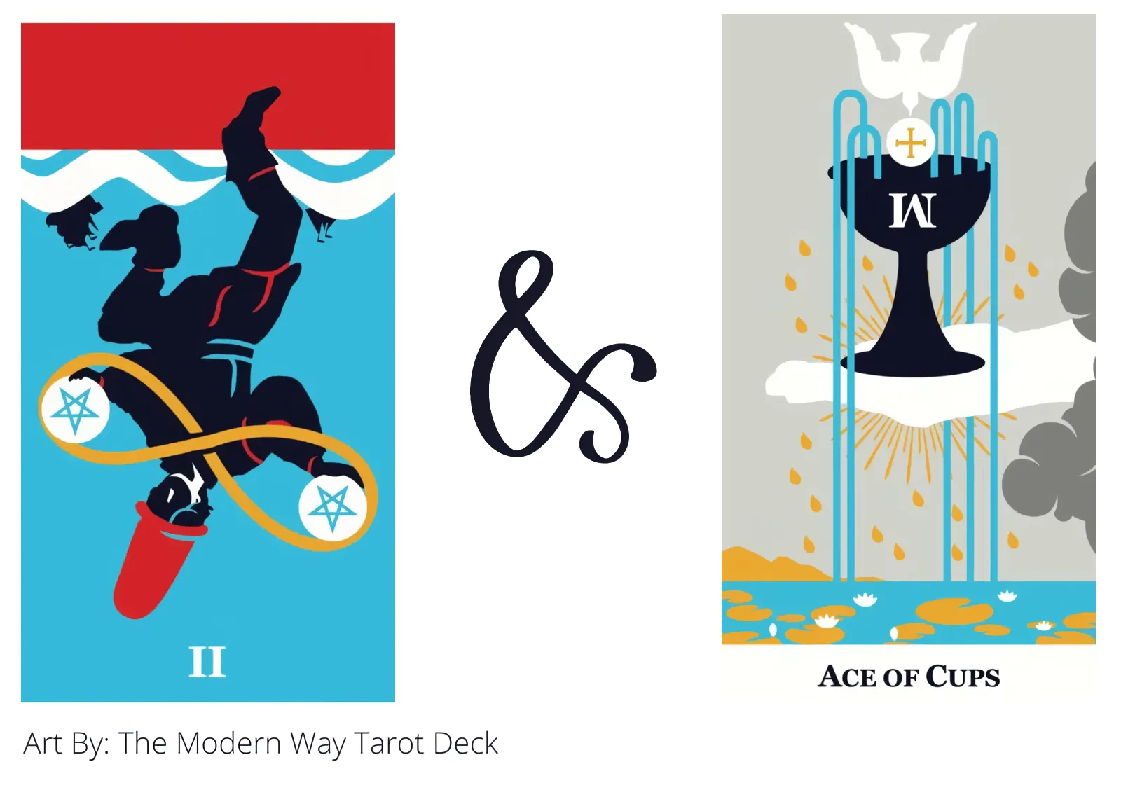 two of pentacles reversed and ace of cups tarot cards together