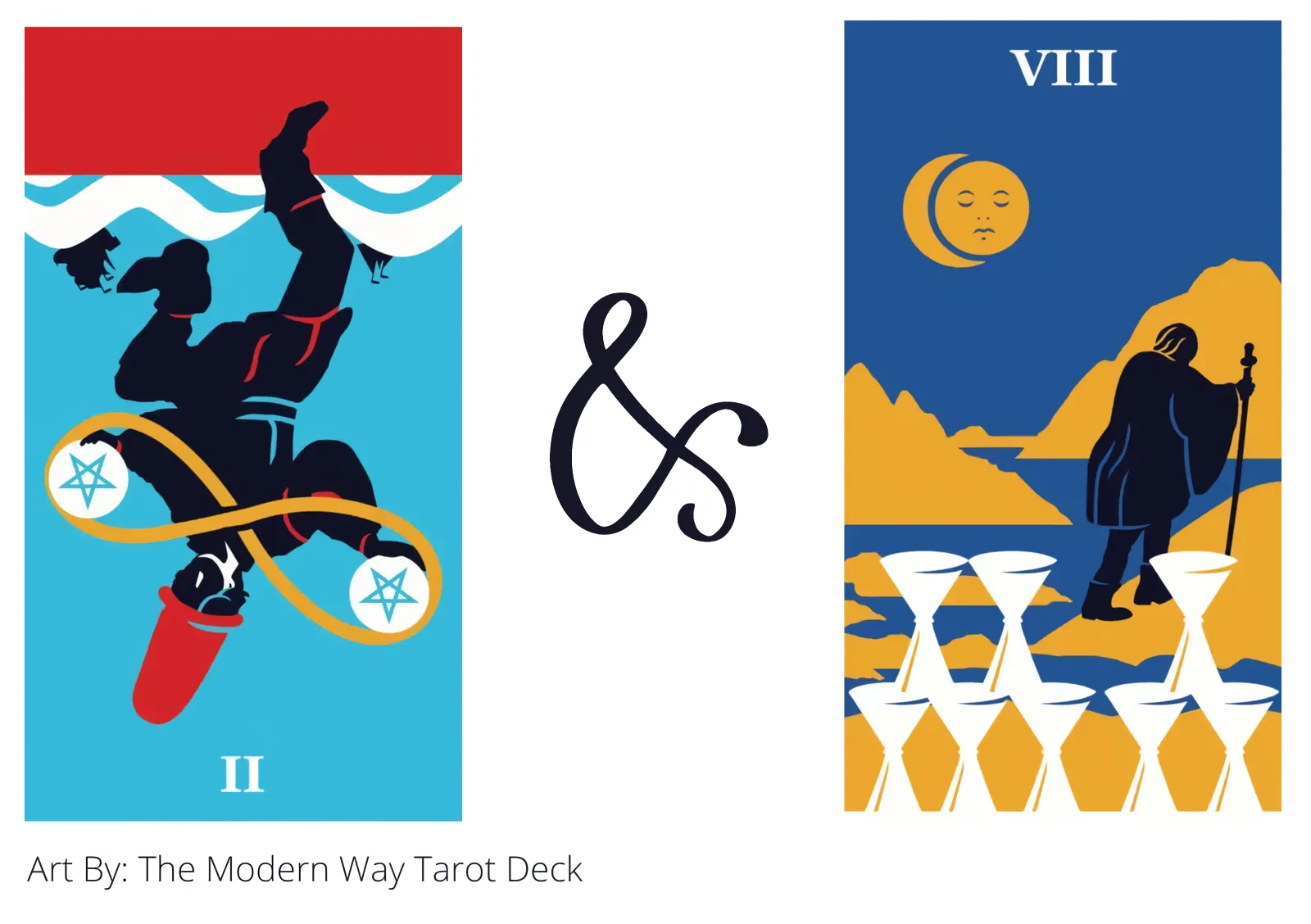 two of pentacles reversed and eight of cups tarot cards together