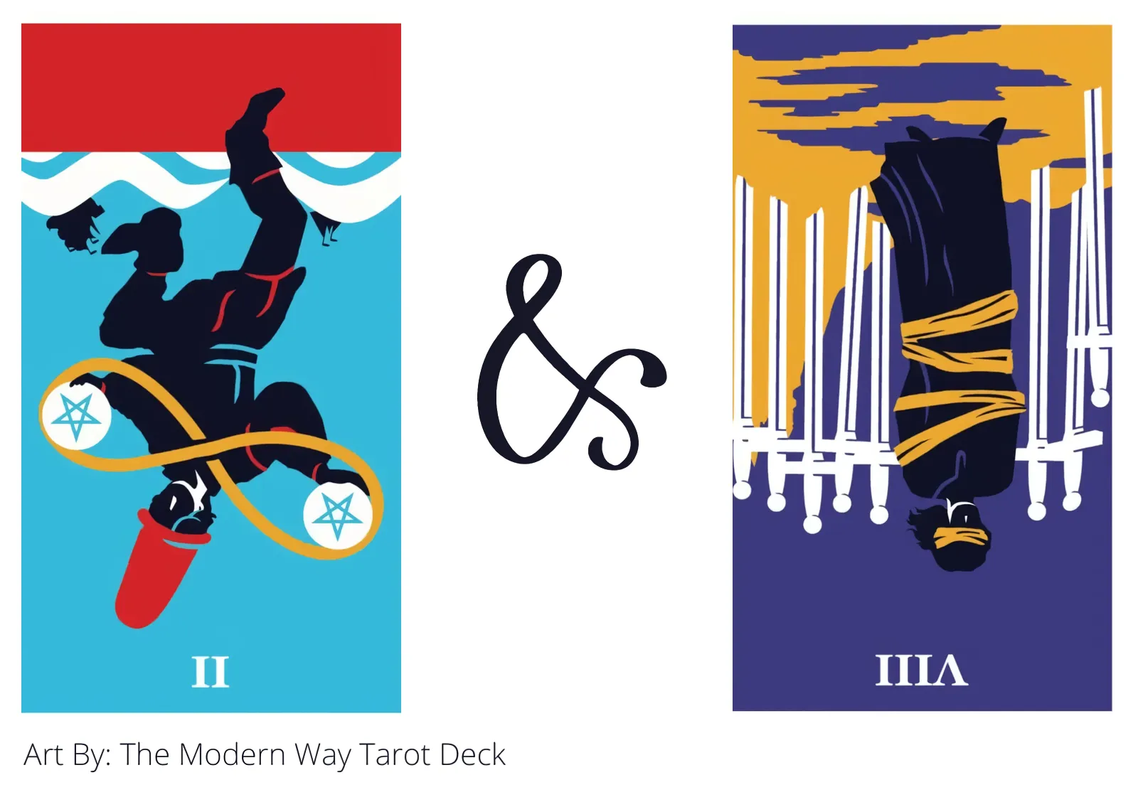 two of pentacles reversed and eight of swords reversed tarot cards together