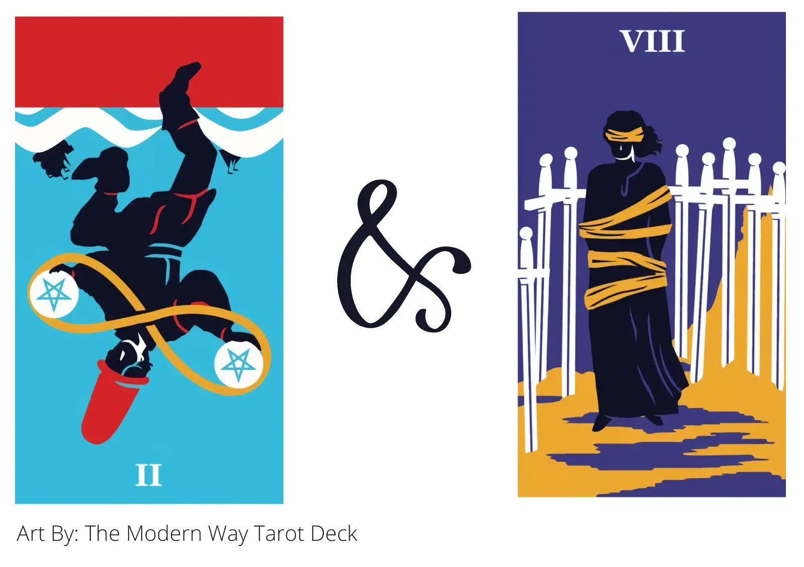 two of pentacles reversed and eight of swords tarot cards together