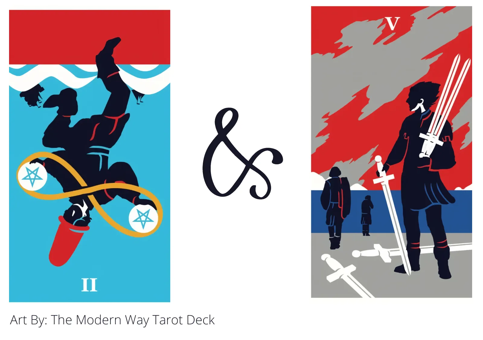 two of pentacles reversed and five of swords tarot cards together