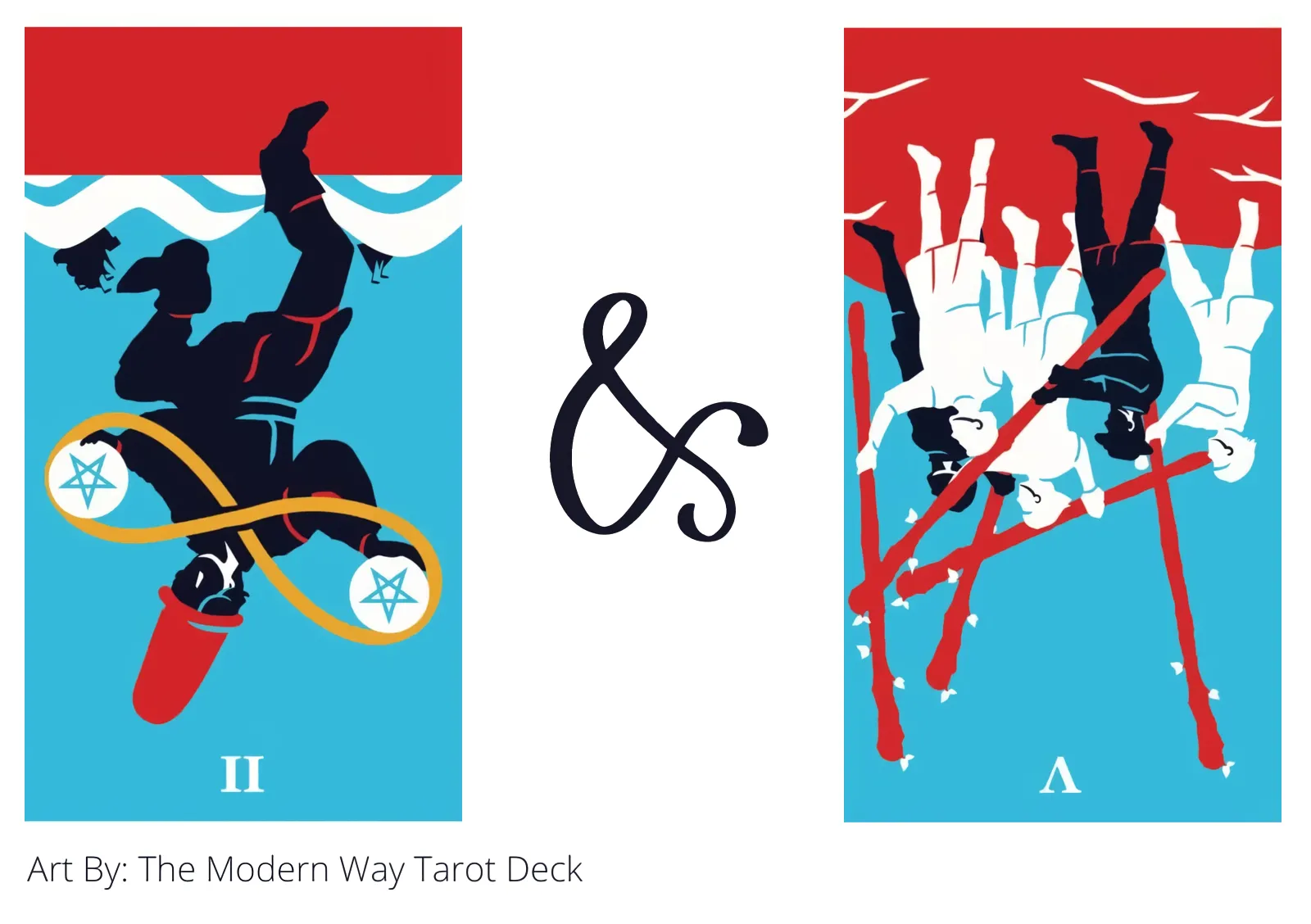 two of pentacles reversed and five of wands reversed tarot cards together