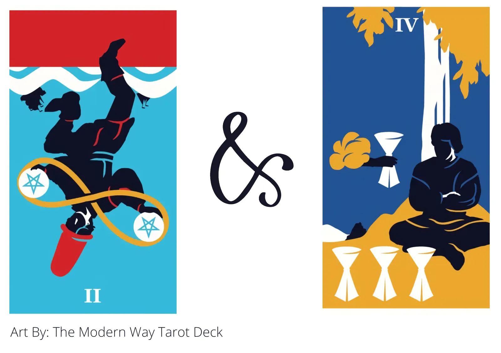 two of pentacles reversed and four of cups tarot cards together