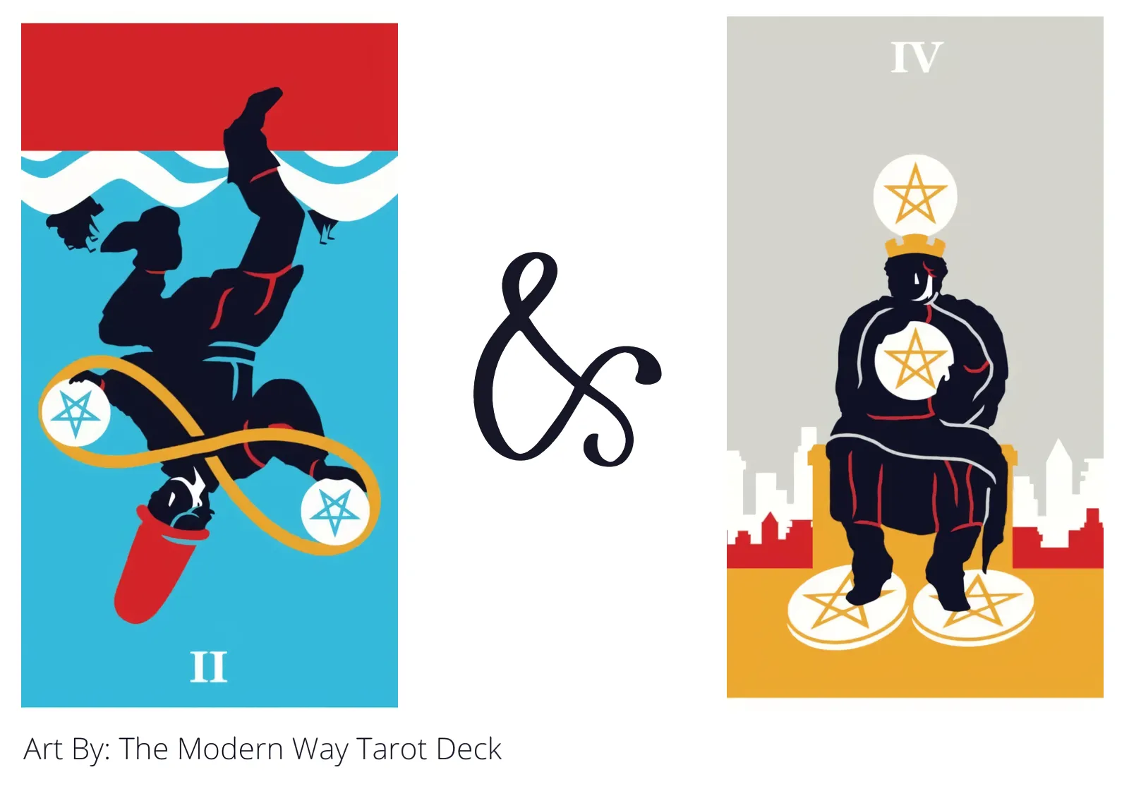 two of pentacles reversed and four of pentacles tarot cards together