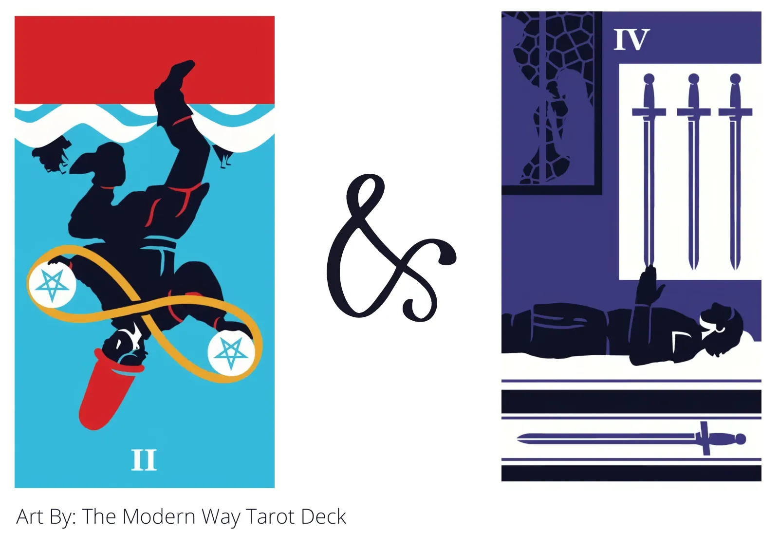 two of pentacles reversed and four of swords tarot cards together