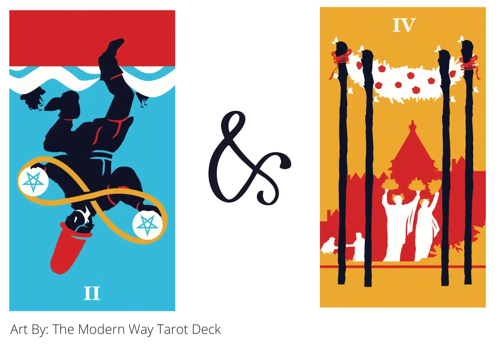 two of pentacles reversed and four of wands tarot cards together