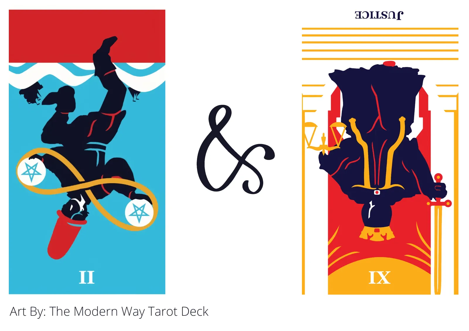 two of pentacles reversed and justice reversed tarot cards together