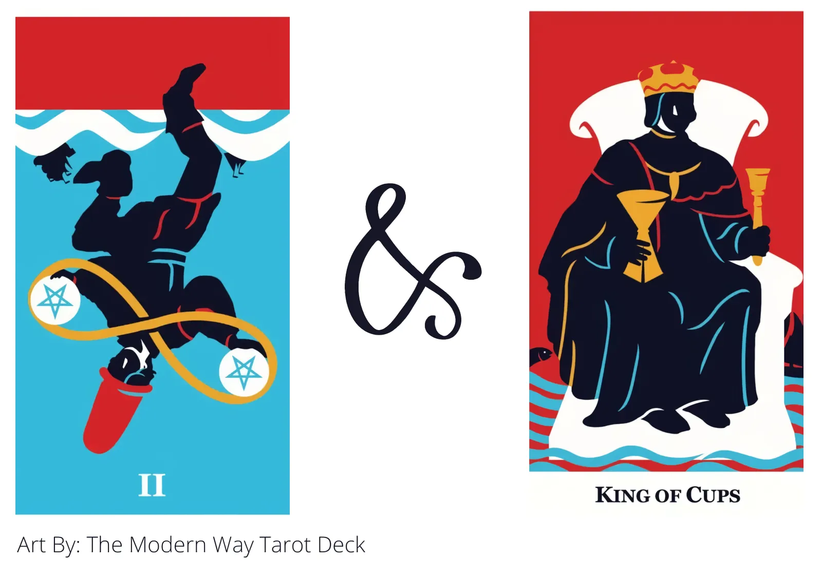 two of pentacles reversed and king of cups tarot cards together