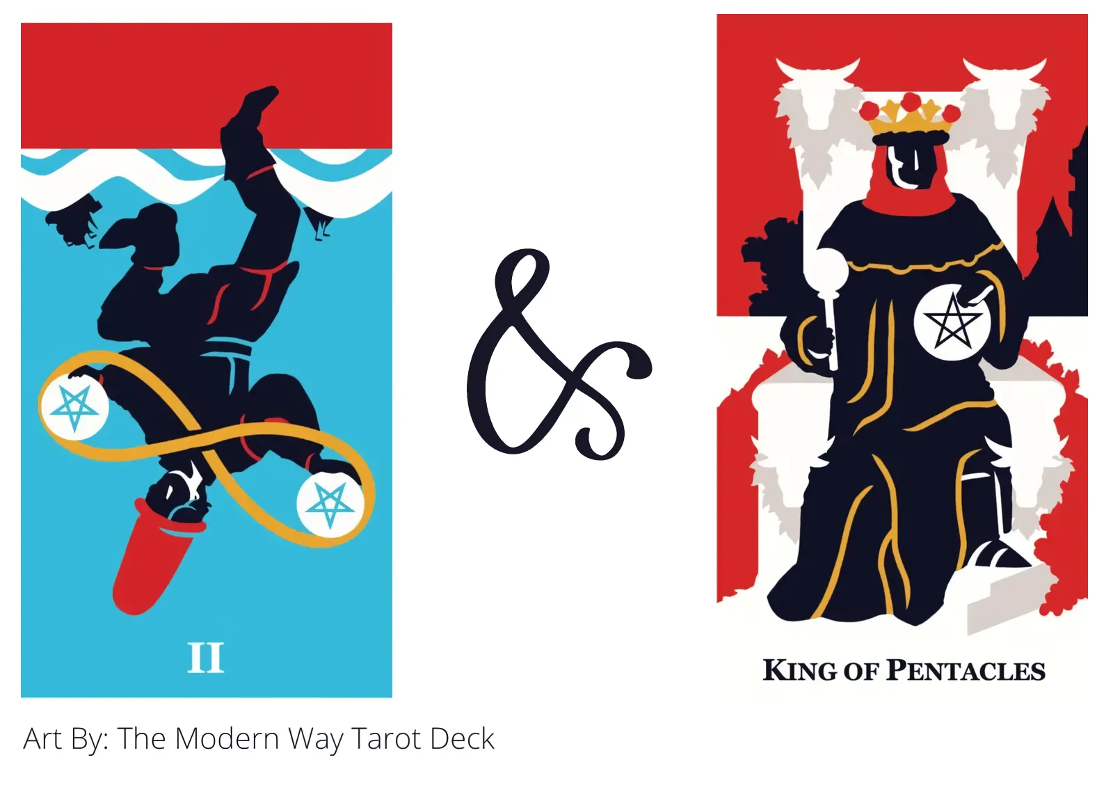 two of pentacles reversed and king of pentacles tarot cards together