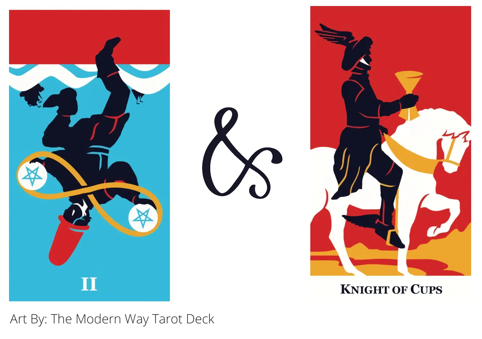 two of pentacles reversed and knight of cups tarot cards together