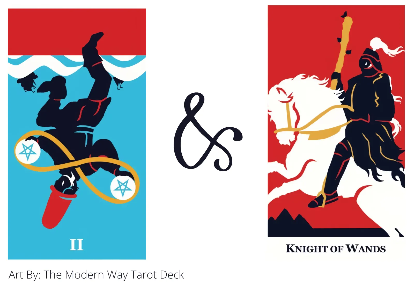 two of pentacles reversed and knight of wands tarot cards together