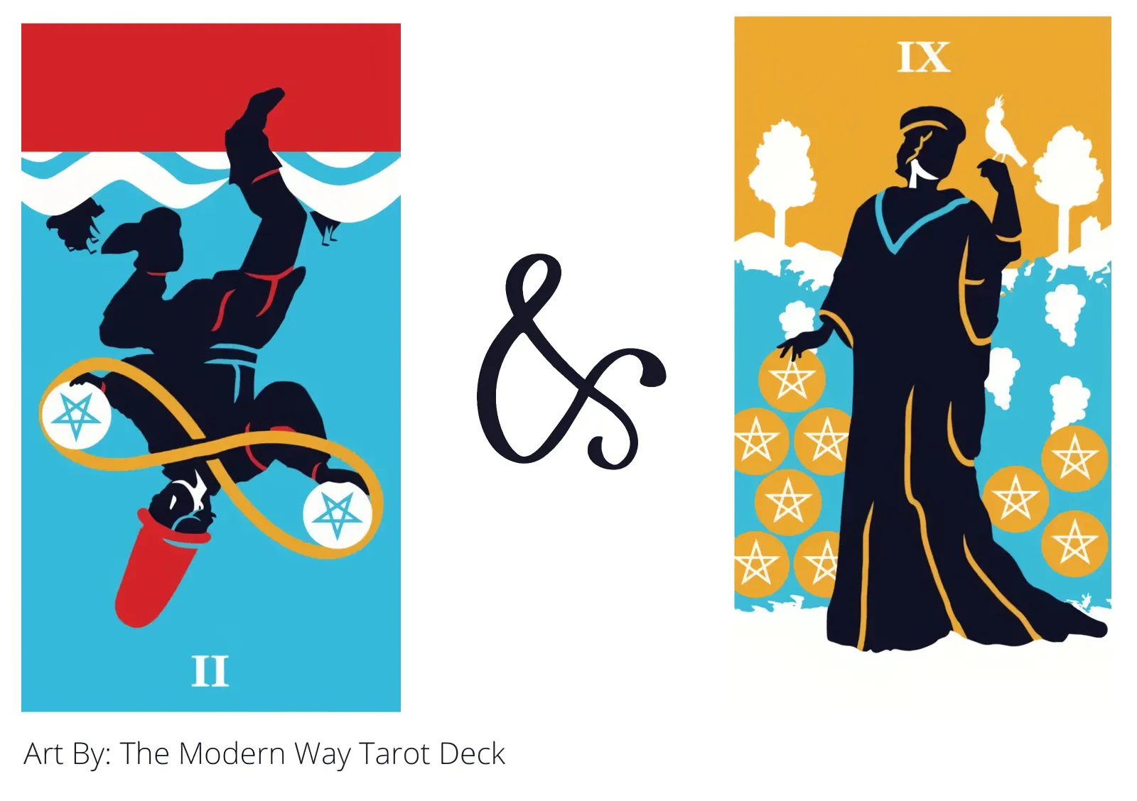 two of pentacles reversed and nine of pentacles tarot cards together