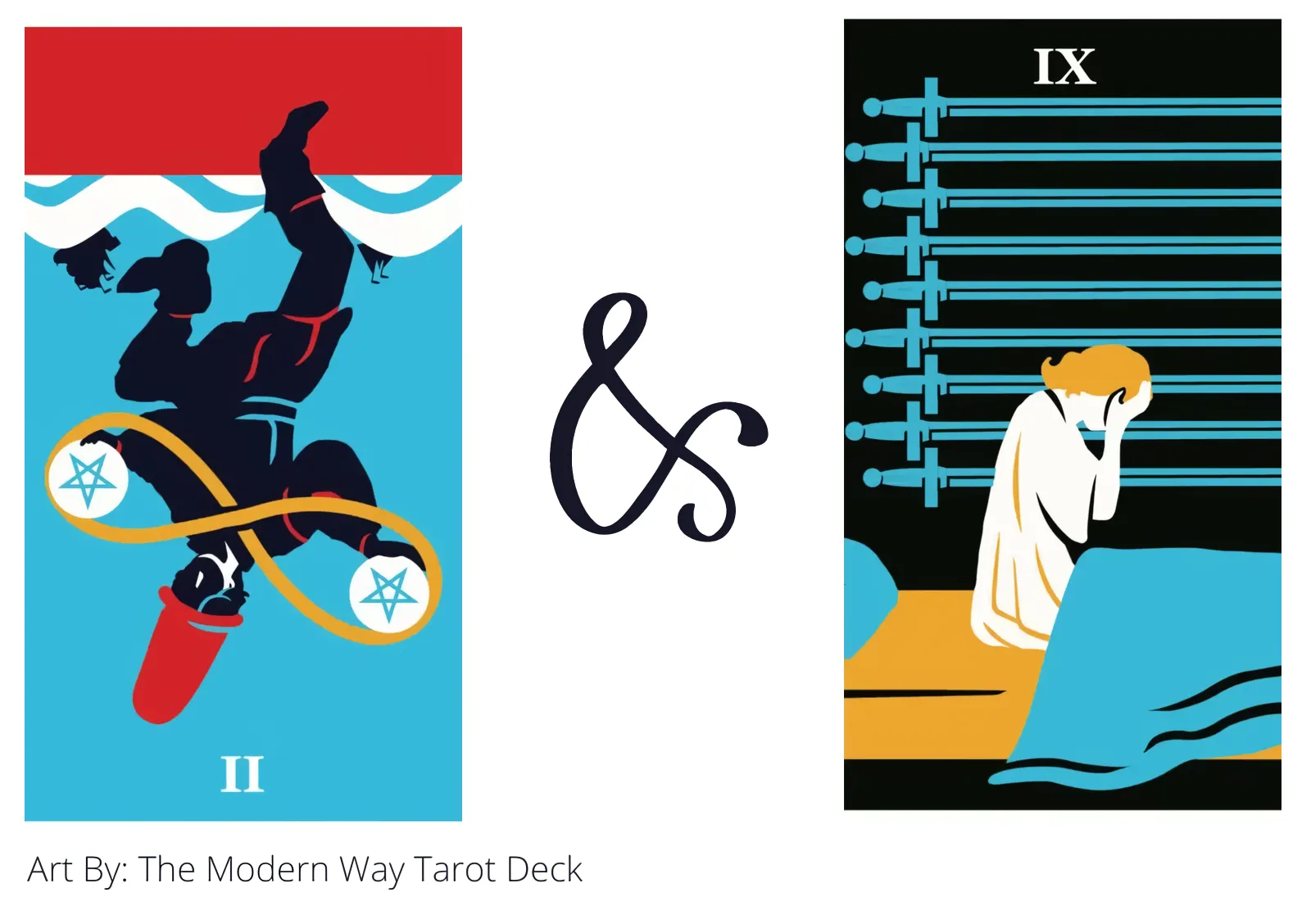 two of pentacles reversed and nine of swords tarot cards together
