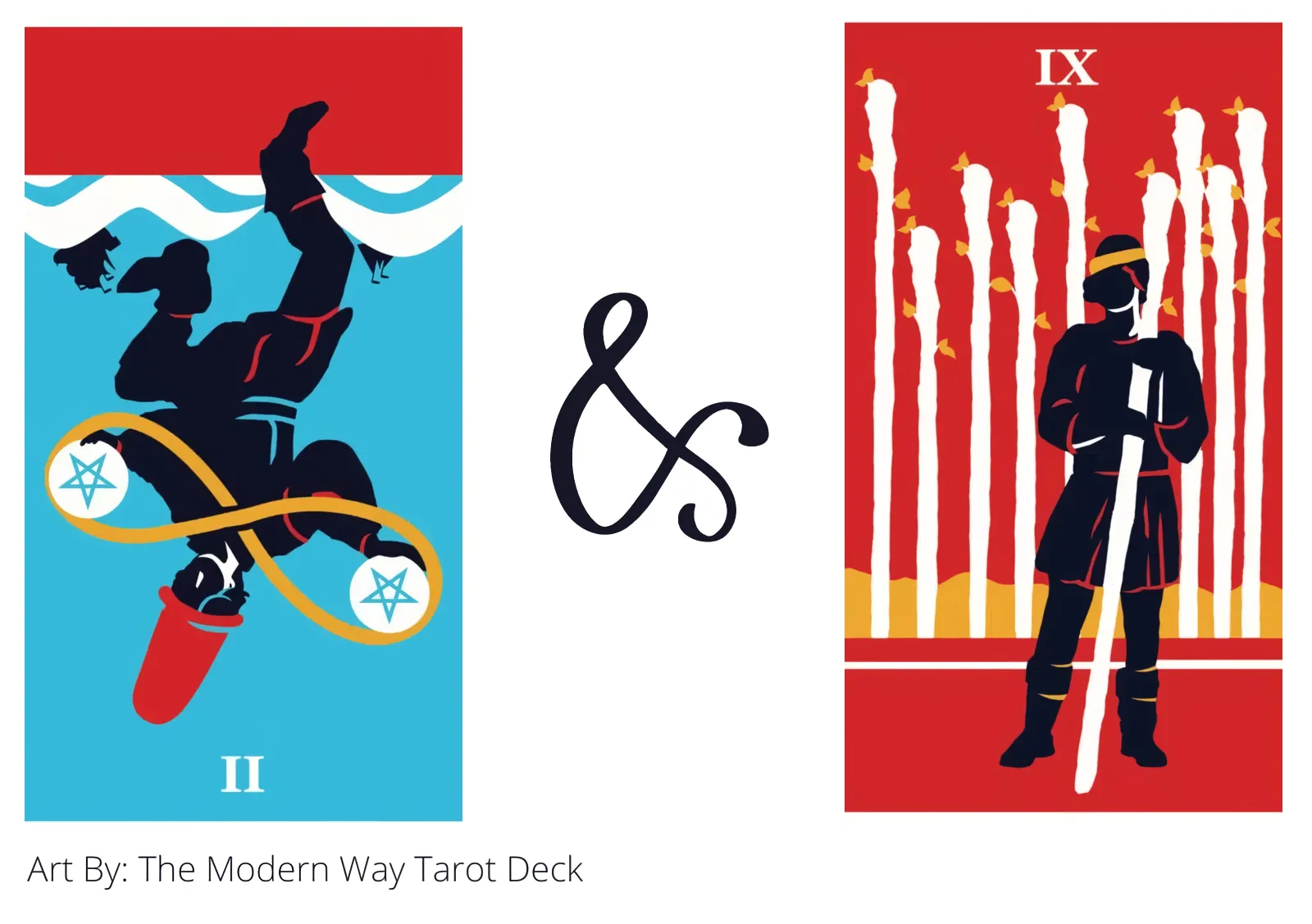 two of pentacles reversed and nine of wands tarot cards together