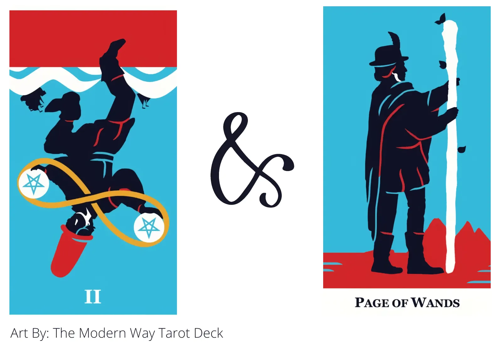 two of pentacles reversed and page of wands tarot cards together