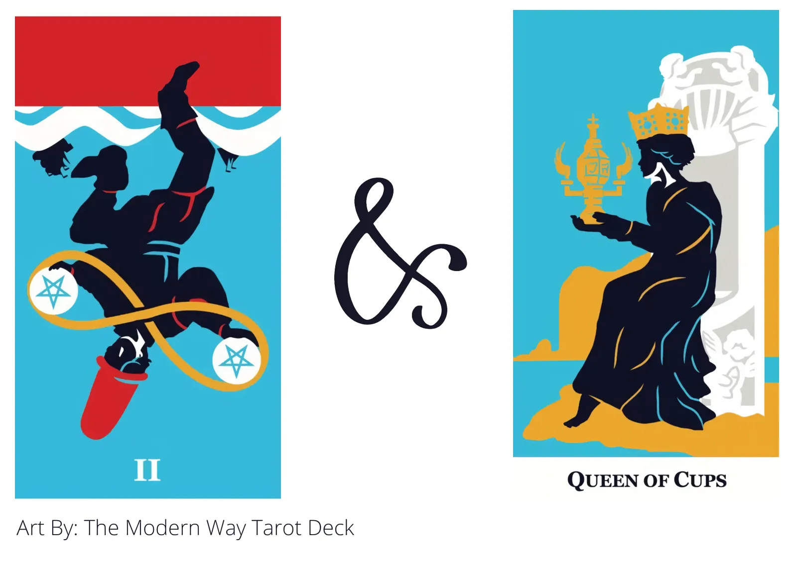 two of pentacles reversed and queen of cups tarot cards together
