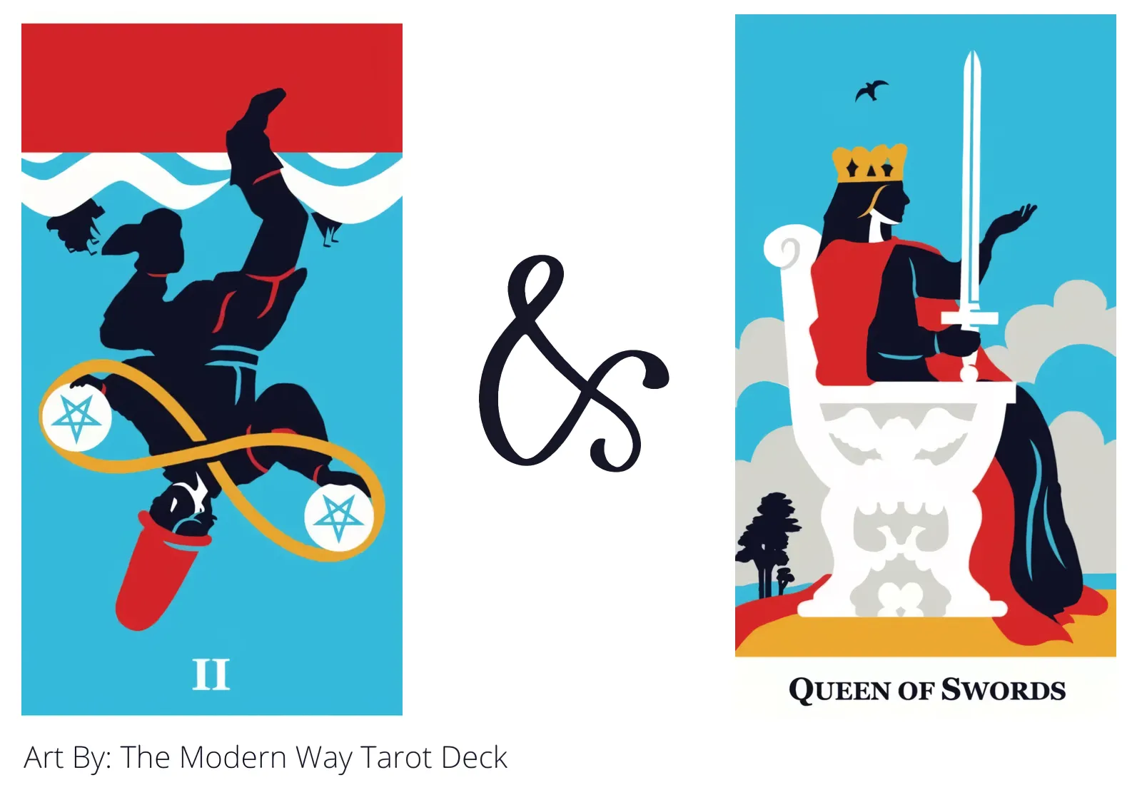 two of pentacles reversed and queen of swords tarot cards together