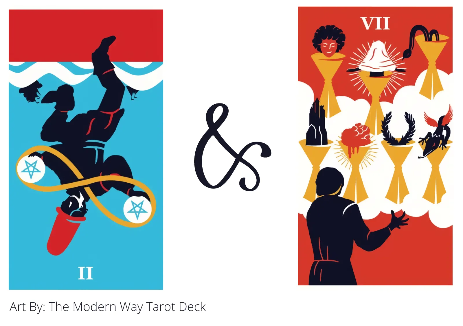 two of pentacles reversed and seven of cups tarot cards together