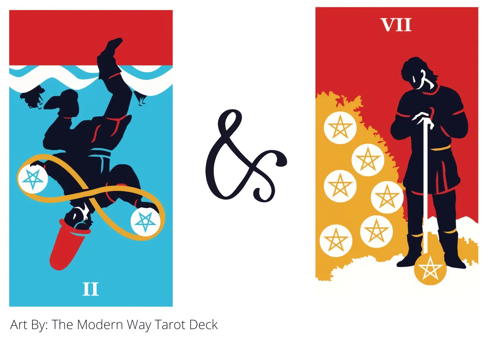 two of pentacles reversed and seven of pentacles tarot cards together