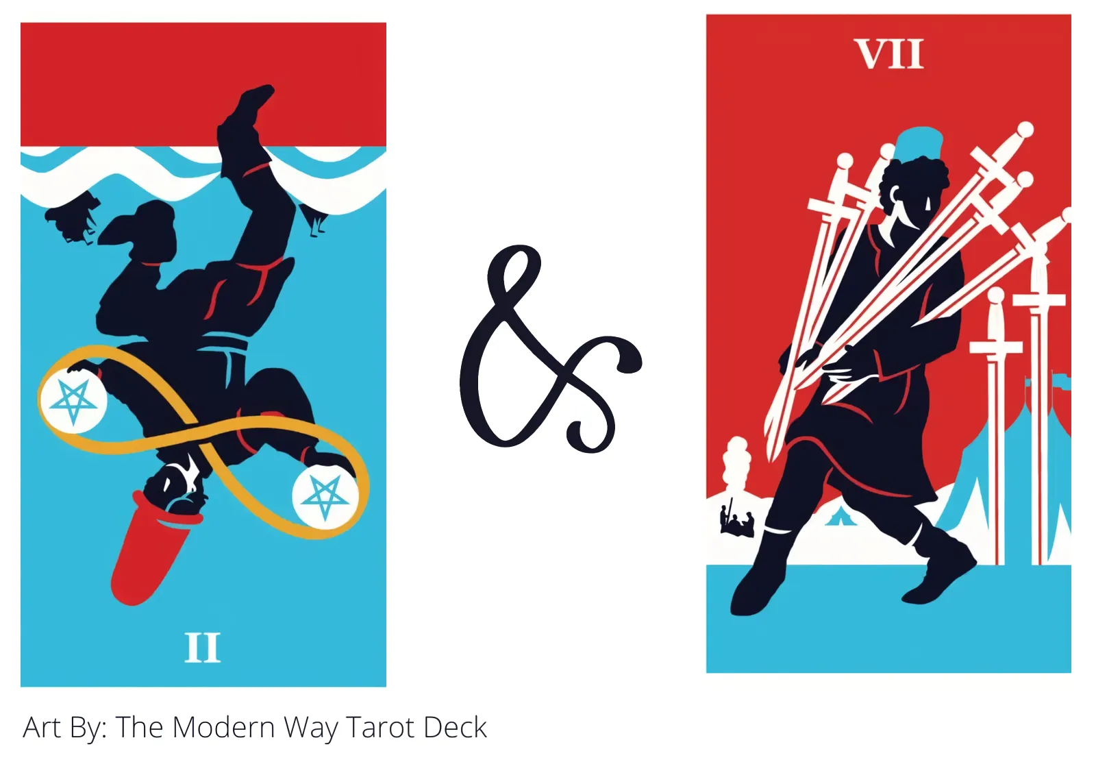 two of pentacles reversed and seven of swords tarot cards together