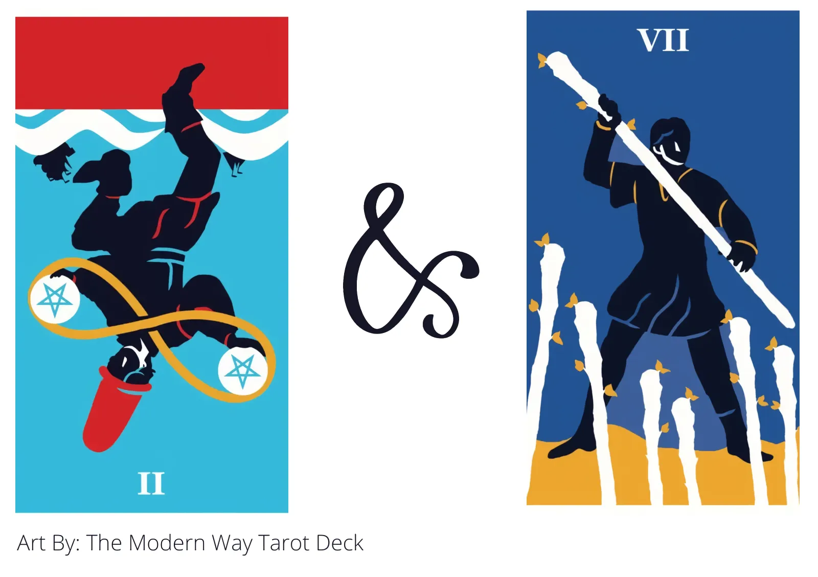 two of pentacles reversed and seven of wands tarot cards together