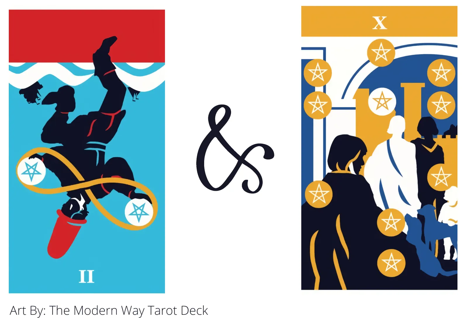 two of pentacles reversed and ten of pentacles tarot cards together