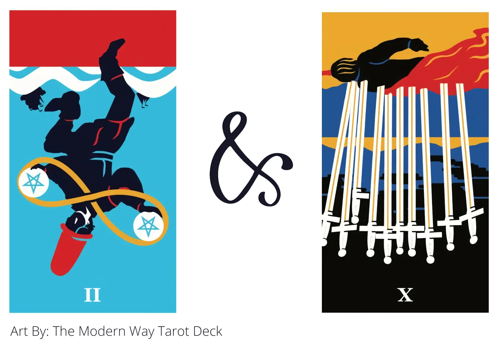 two of pentacles reversed and ten of swords reversed tarot cards together